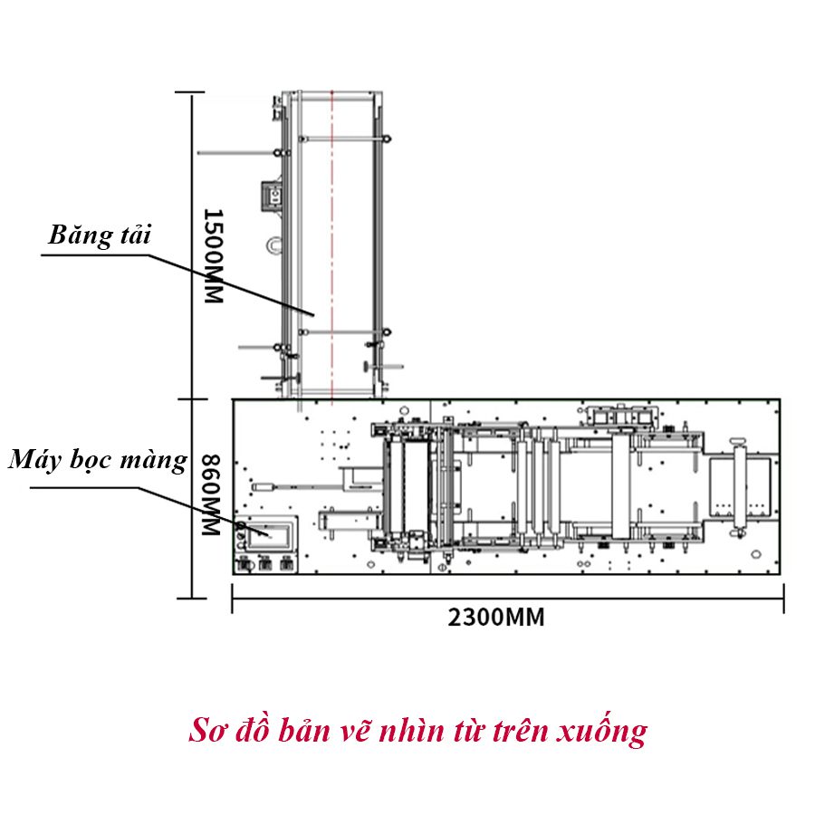 Sơ đồ bản vẽ nhìn từ trên xuống máy bọc màng bao thuốc