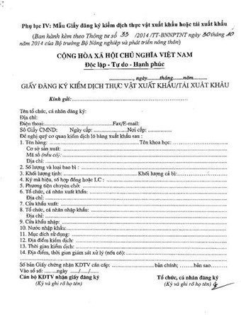 MỘT SỐ THỦ TỤC VỀ XUẤT KHẨU HẠT ĐIỀU SANG THỊ TRƯỜNG CHÂU ÂU (EU) 2 Mẫu giấy đăng ký kiểm dịch thực vật xuất khẩu hoặc tái xuất khẩu